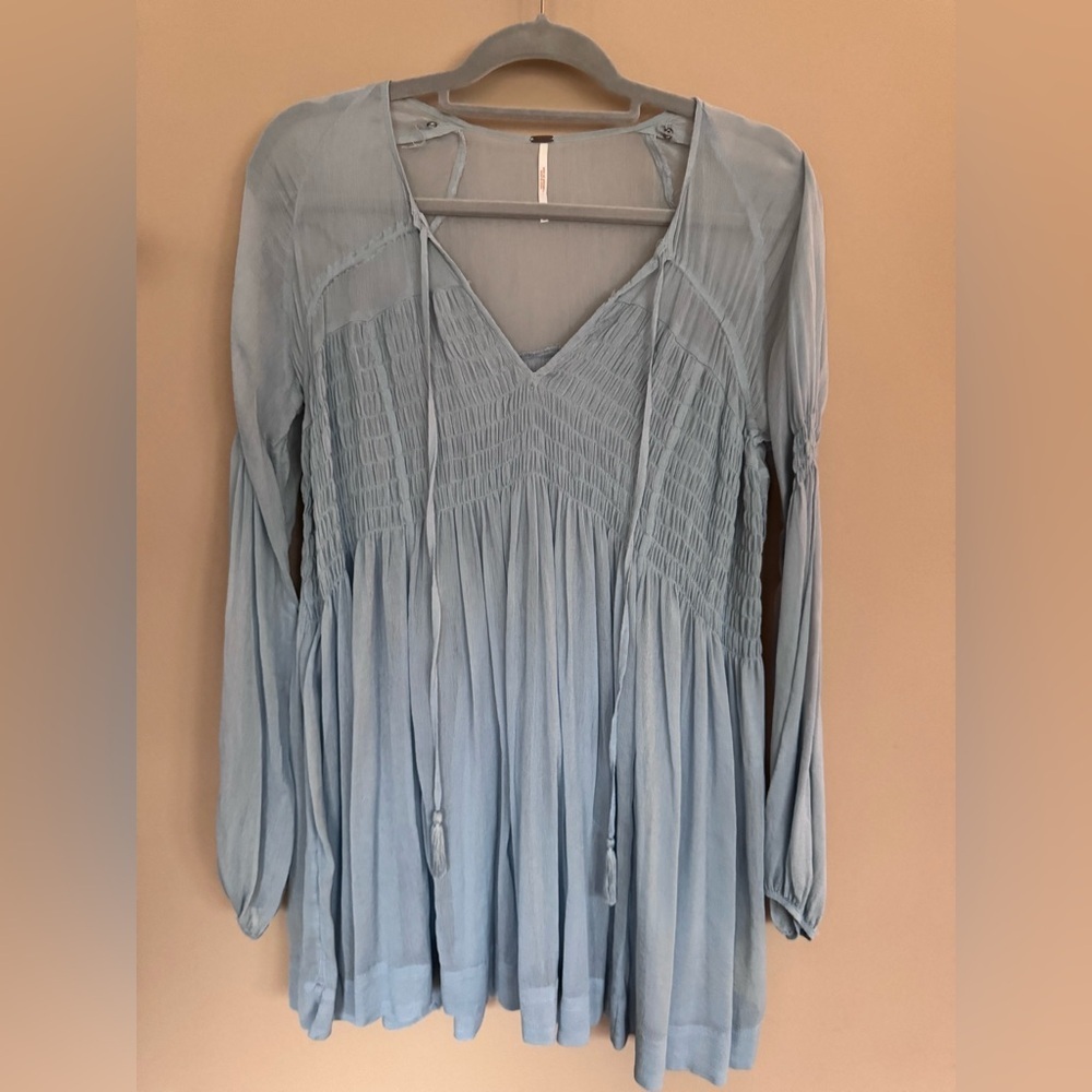 Free People Blue Lini Smocked V-Neck Tassel Boho Tunic Top Size XS